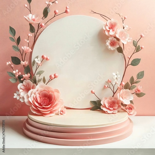 Minimalist Product Stage Pink Floral Podium with Text & Product Space 