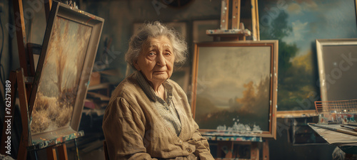 Portrait of an elderly artist in her studio, looking at the viewer with a confident and surprised expression