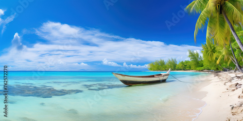 Beautiful caribbean sea and boat on the shore of exotic tropical island, panoramic view from the beach