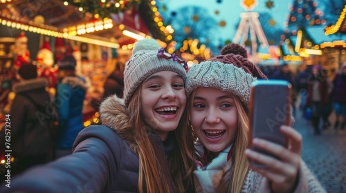 friendship, technology and winter holidays concept - happy smiling teenage girls taking selfie with smartphone over christmas market or amusement park background