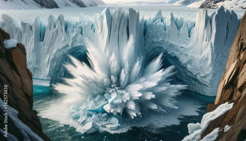 Icebergs calving from a glacier into the arctic sea, showcasing the dynamic process of nature