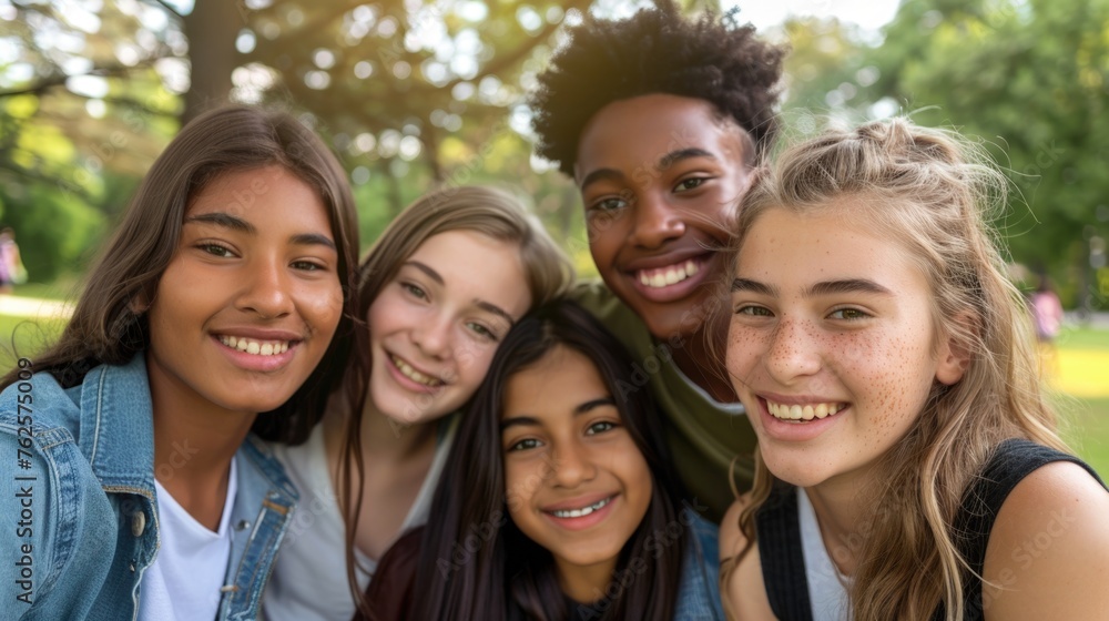 Group of young people are smiling and posing for picture. Scene is happy and friendly Group of young people are smiling and posing for picture. Scene is happy and friendly