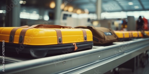 Yellow suitcase is on conveyor belt next to brown one