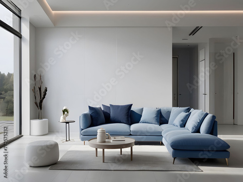 White minimal living room, everything in the room is white, white walls, flushed white doors, white ceiling, highlighting the scene with blue minimal sofa, white interior lighting, ai generated