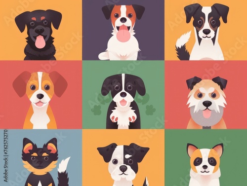 Series of cartoon dogs are shown in row, with each dog having different color and breed. Concept of diversity and fun, as dogs are all smiling and looking at camera
