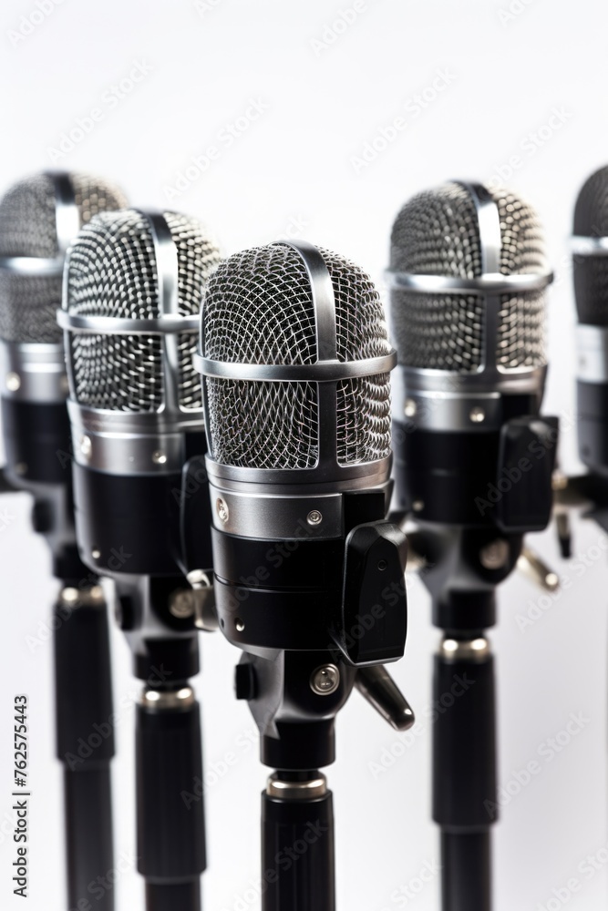 Row of microphones are lined up on white background. Microphones are all black and silver, and they are all turned off. Scene gives off professional and organized vibe Row of microphones are lined up on white background. Microphones are all black and silver, and they are all turned off. Scene gives off professional and organized vibe
