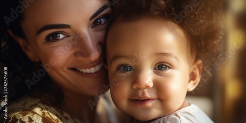 Woman is holding baby and smiling. Scene is happy and loving