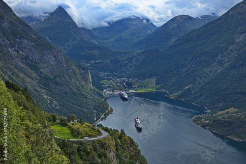 Panoramic view of Geiranger Fjord from Ornesvingen viewpoint, More og Romsdal county, Norway, Europe
 photo