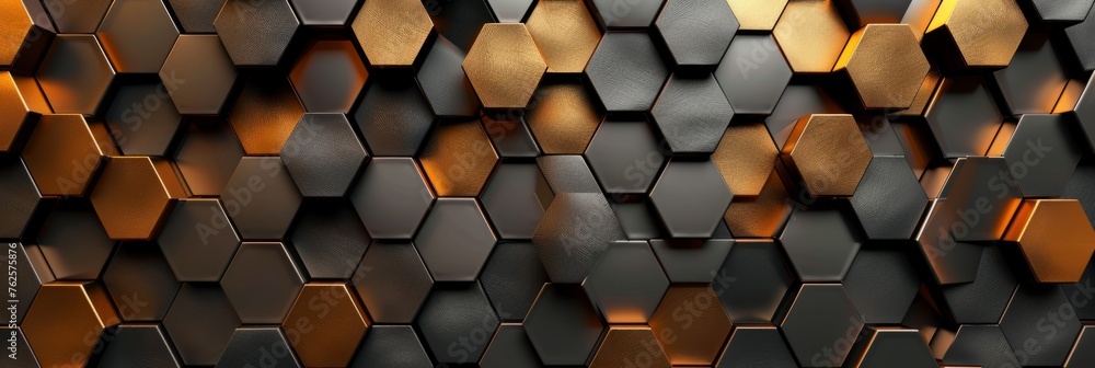 Abstract futuristic luxurious digital geometric technology hexagon background banner illustration 3d. Glowing gold, brown, gray and black hexagonal 3d shape texture wall - obrazy, fototapety, plakaty 
