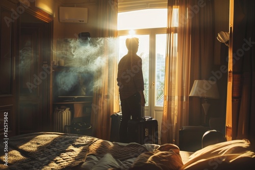 Man from behind with suitcases and handbag in a hotel room looking out the window where a ray of sunlight enters photo