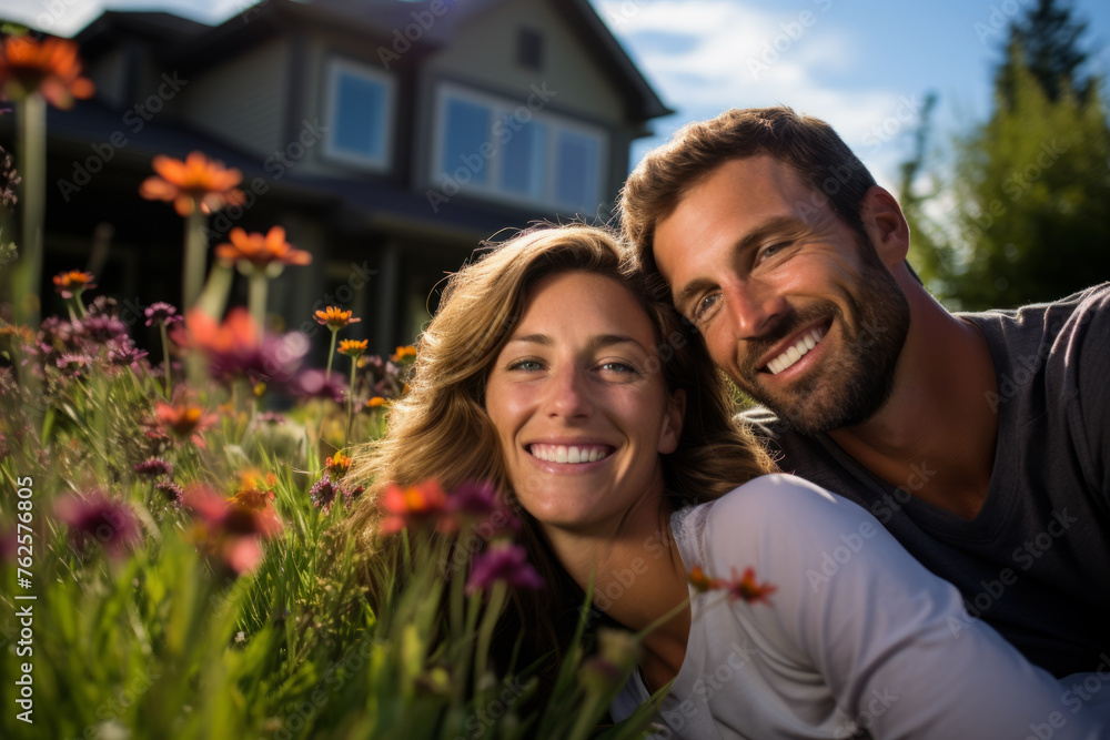 Fototapeta premium Couple is smiling and posing for picture in field of flowers. Scene is happy and romantic