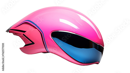 A pink and blue helmet stands out against a white backdrop