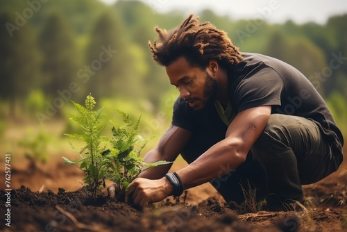 Man is planting tree in dirt. Man is wearing black shirt and green pants