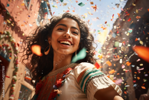 Woman is smiling and surrounded by colorful confetti. Concept of joy and celebration