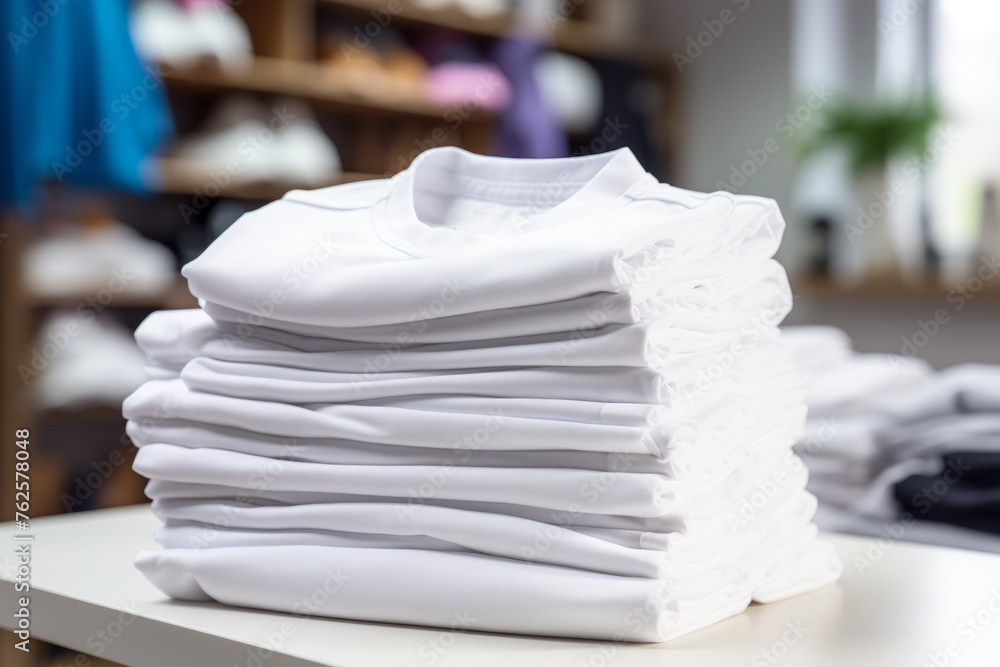 Pile of white shirts stacked on top of each other. Shirts are all same color and appear to be freshly laundered. Concept of organization and cleanliness, as shirts are neatly stacked Pile of white shirts stacked on top of each other. Shirts are all same color and appear to be freshly laundered. Concept of organization and cleanliness, as shirts are neatly stacked