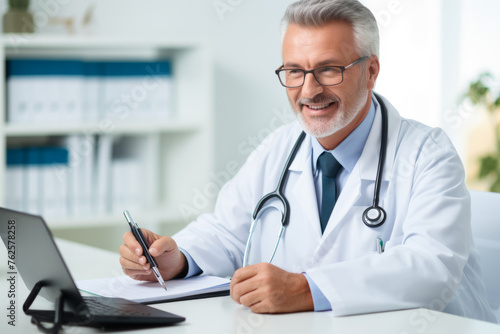 Doctor is sitting at desk with laptop and pen. He is smiling and he is happy