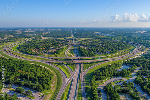 Aerial View of Highway Intersection Surrounded by Trees
