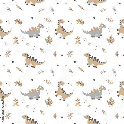 Seamless pattern - children s cute painted dinosaurs and leaves for fabric and other things