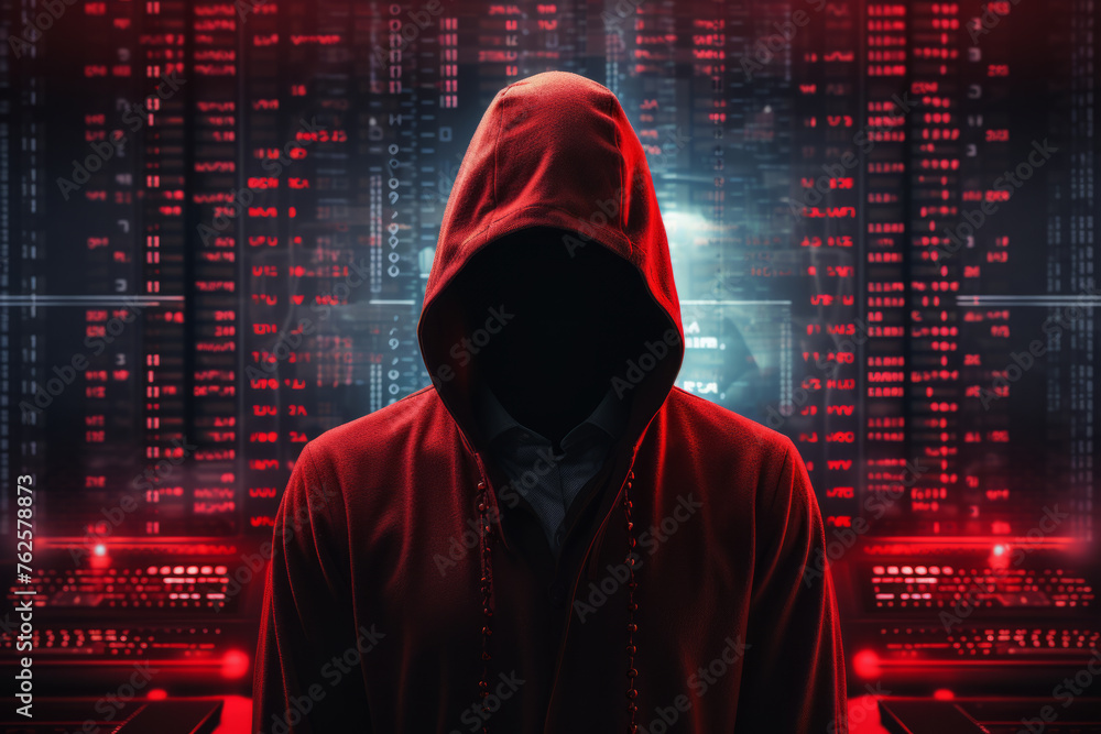 Man in red hoodie is standing in front of computer screen with lot of numbers and letters. Concept of mystery and intrigue, as man's face is obscured by hood Man in red hoodie is standing in front of computer screen with lot of numbers and letters. Concept of mystery and intrigue, as man's face is obscured by hood
