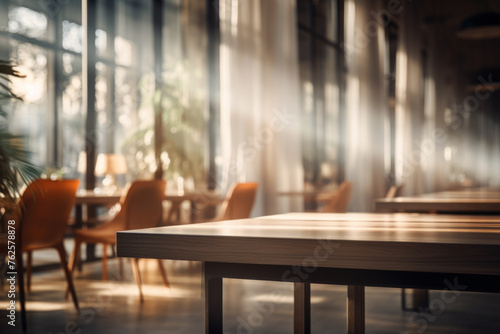 Restaurant with wooden table and chairs. Room is bright and sunny  with sunlight streaming in through windows