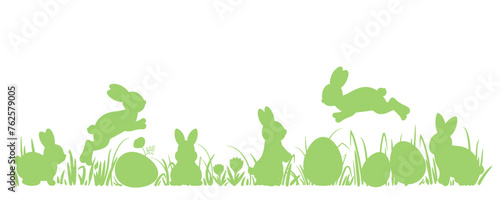 Easter banner with Cute Easter bunny and eggs silhouette. Bunnies sitting and jumping on the grass among eggs. Easter egg hunt wide frame border. Rabbits on the meadow vector design.