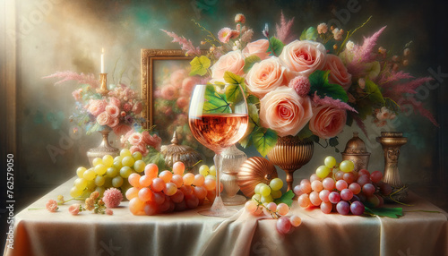 A vibrant still life composition with a glass of rose wine, grapes, and floral decorations on an elegant table