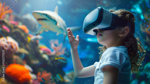 A little boy wearing virtual reality goggles stretches his arms towards fish at the bottom of the ocean, BP photo
