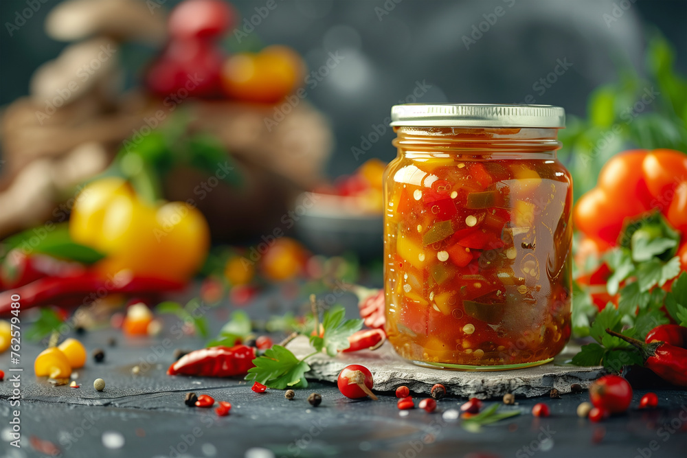 jar of chili sauce with bell peppers with a lid jar of chili sauce with bell peppers with a lid