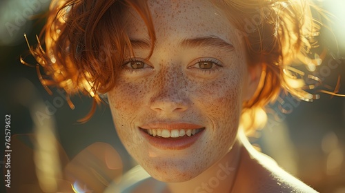 Joyful Red-Haired Young Woman with Freckles in Golden Hour Light