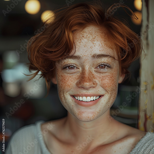 Smiling Freckled Woman with Auburn Hair in a Cozy Indoor Setting