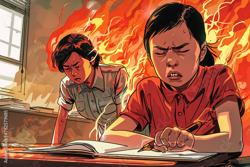 An Asian elementary school student cries while doing homework while his angry mother stands behind him