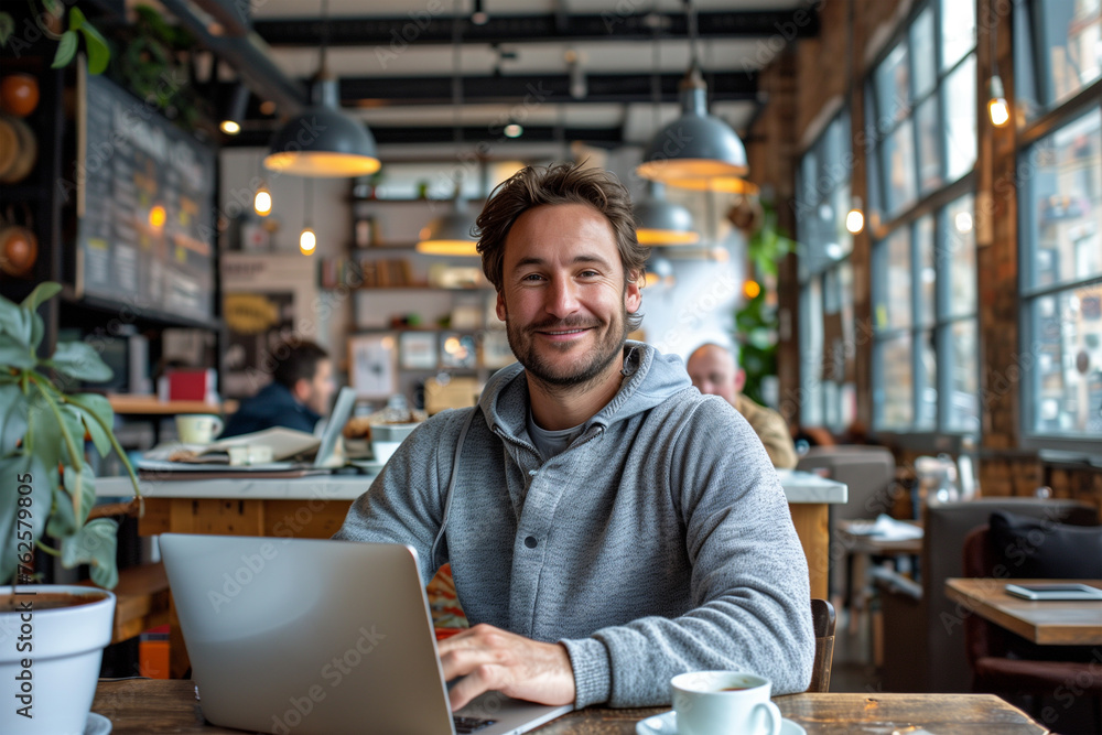 Happy businessman using laptop and having coffee at loft office Happy businessman using laptop and having coffee at loft office