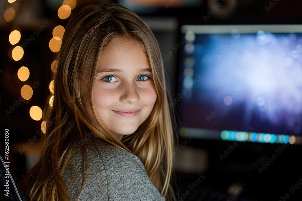 Young girl is smiling at camera while sitting in front of computer monitor. Concept of innocence and curiosity, as girl appears to be enjoying her time in front of computer Young girl is smiling at camera while sitting in front of computer monitor. Concept of innocence and curiosity, as girl appears to be enjoying her time in front of computer