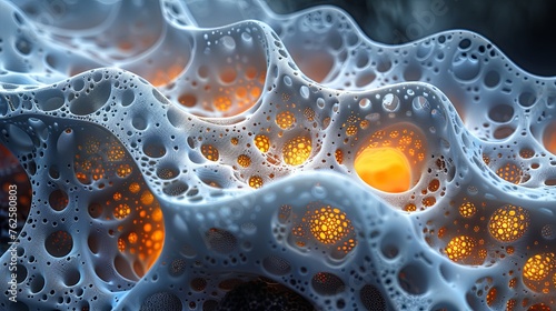 Close-up of Organic Mesh-Like Structure with Glowing Orange Elements Underwater photo