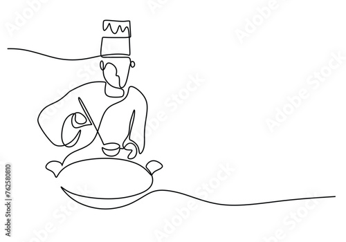 One continuous line drawing of chef cooking food in the kitchen.