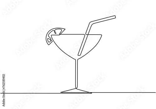 Wineglass with cocktail and lemon in one continuous line drawing style