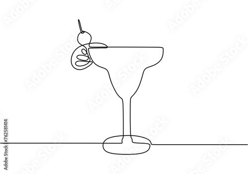 Wineglass with cocktail and lemon in one continuous line drawing style