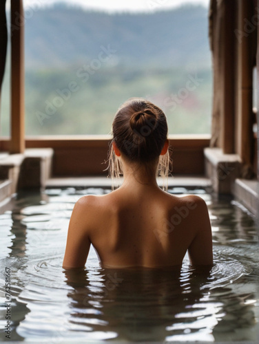 Beautiful young woman relaxing in the indoor thermal bath