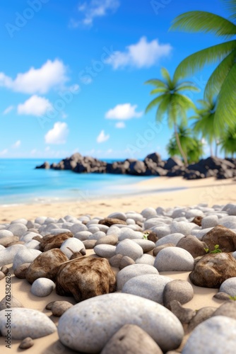 Beach with rocky shoreline and palm trees in background. Rocks are scattered across beach  creating natural and serene atmosphere. Palm trees add tropical touch to scene