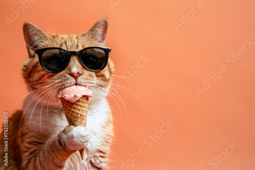 Closeup of cat with sunglasses, eating ice cream in cone, isolated on apricote background. photo