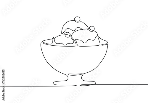 One continuous line drawing of ice cream in a bowl with cherry