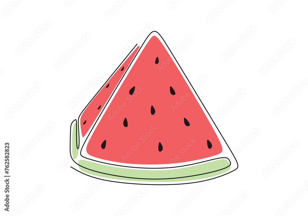 One continuous line drawing of sliced healthy organic red watermelon One continuous line drawing of sliced healthy organic red watermelon