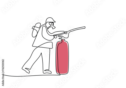 One continuous line drawing of firefighter extinguished the fire