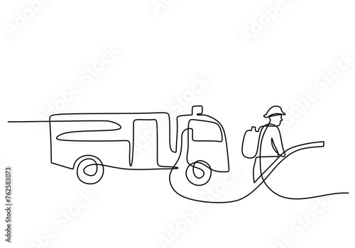 One line drawing of Firefighter in front of fire engine truck.