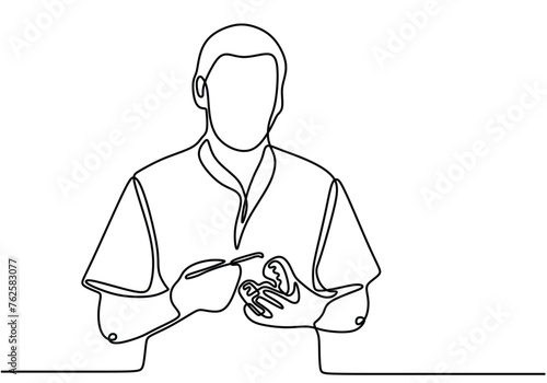 One line drawing of dentist bring anatomical adult human teeth
