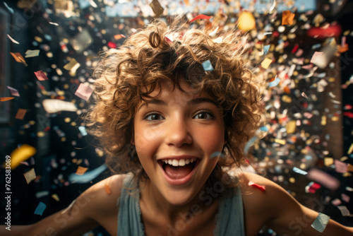 Young girl with curly hair is smiling and surrounded by confetti. Concept of joy and celebration, as girl appears to be having great time. Confetti adds to festive atmosphere photo