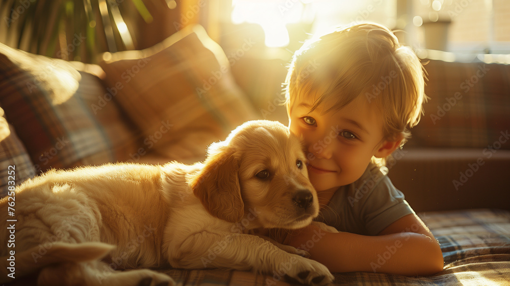 A close-up of a little boy bonding with an adorable puppy, capturing a warm and friendly atmosphere. A close-up of a little boy bonding with an adorable puppy, capturing a warm and friendly atmosphere.
