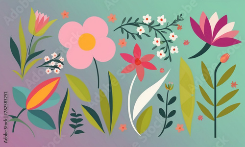 The illustration is a vibrant and colorful display of various flowers and leaves, creating a cheerful aesthetic.