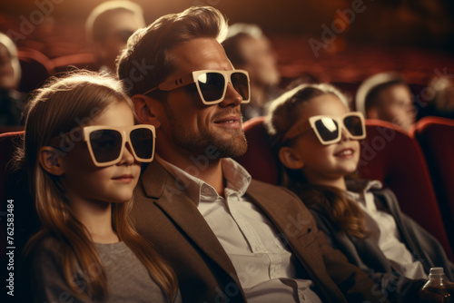 Man and two children are sitting in movie theater wearing sunglasses. Man is smiling and children are also smiling. Scene is happy and lighthearted