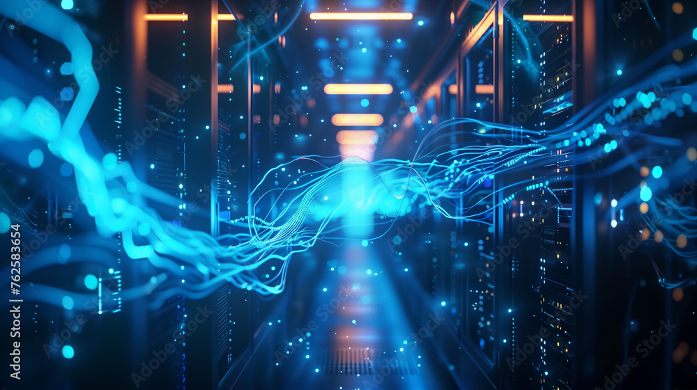 Abstract futuristic server room with blue neon lights. Technology concept. 3D Rendering Abstract futuristic server room with blue neon lights. Technology concept. 3D Rendering